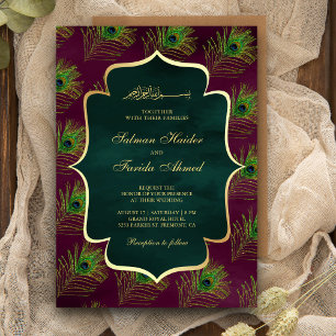 Invitación Plum Green Peacock Fethers Muslim Boda
