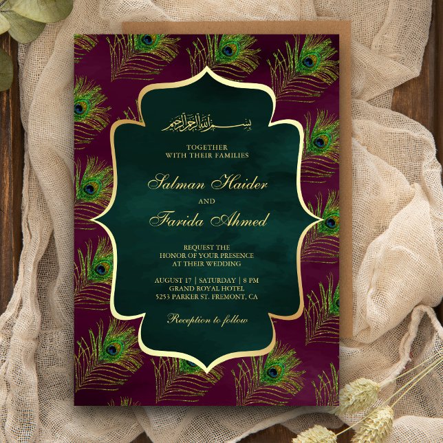 Invitación Plum Green Peacock Fethers Muslim Boda (Subido por el creador)