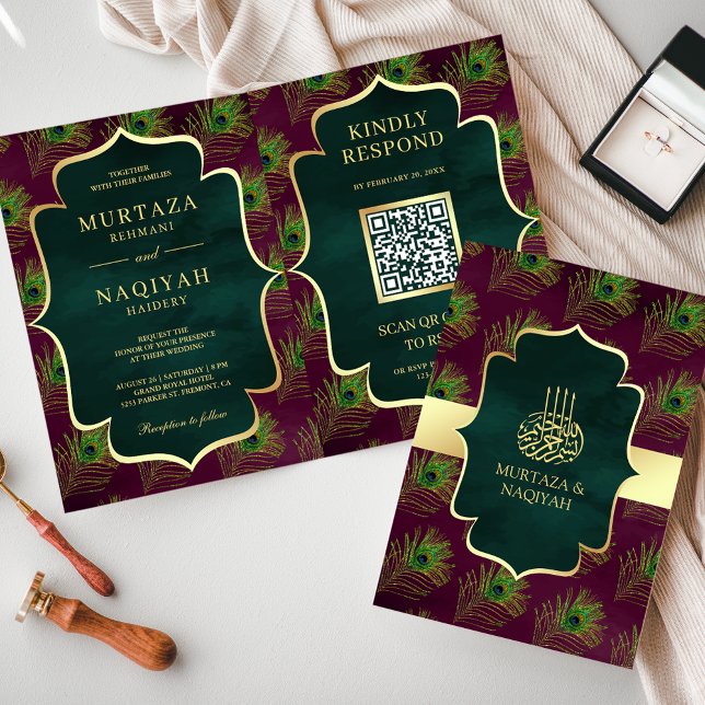 Invitación Plum Green Peacock Fethers QR Code Muslim Boda (Subido por el creador)