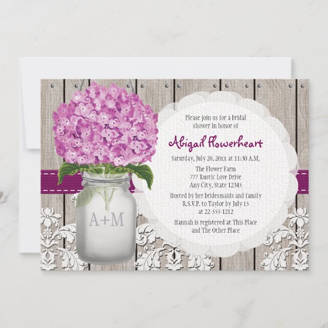 Invitación Plum Hydrangea Mason Jar Bridal Shower (Anverso)
