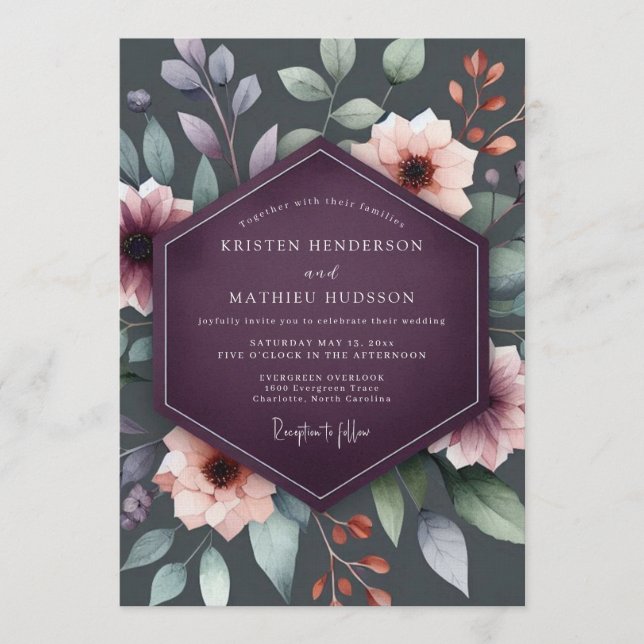 Invitación Plum Moody Botanical Autumn Wedding (Anverso)