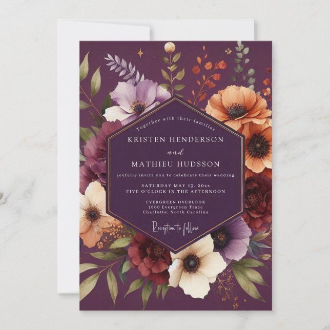 Invitación Plum Moody Botanical Wedding (Anverso)