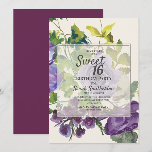 Invitación Plum Morado Acuarela Floral Hoja Verde Dulce 16 (Anverso / Reverso)