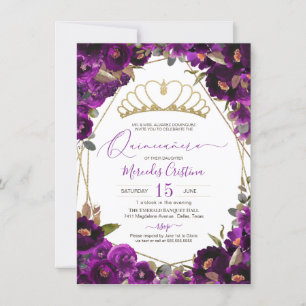 Invitación Plum Morado Oro Acuarela Floral Quinceañera Inv