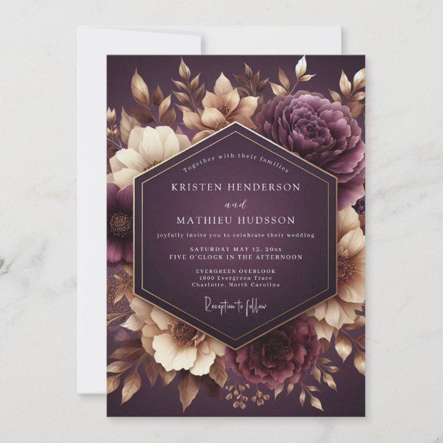 Invitación Plum Nocturne Floral Romance Wedding (Anverso)