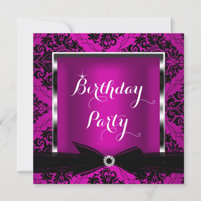 Invitación Plum Pink Damask Silver Black Birday Party 2 (Anverso)