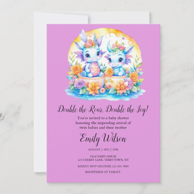 INVITACIÓN PLUM PINK RAINBOW FLORAL DRAGONS TWINS BABY SHOWER (Anverso)