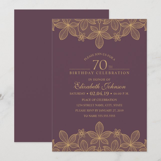 Invitación Plum Purple 70th Birthday Party Unique Golden Lace (Anverso / Reverso)