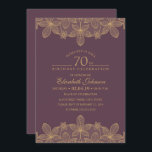 Invitación Plum Purple 70th Birthday Party Unique Golden Lace<br><div class="desc">Fiesta de cumpleaños número 70 de Plum Purple invitaciones únicas a los Golden Lace. Personalizado para los detalles de la celebración de cumpleaños: edad, nombre, fecha y hora, ubicación, etc. Presenta una hermosa imagen dorada de encaje y tipografía sobre un fondo de color vino tinto. Puede cambiar el color de...</div>