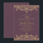 Invitación Plum Purple 70th Birthday Party Unique Golden Lace<br><div class="desc">Fiesta de cumpleaños número 70 de Plum Purple invitaciones únicas a los Golden Lace. Personalizado para los detalles de la celebración de cumpleaños: edad, nombre, fecha y hora, ubicación, etc. Presenta una hermosa imagen dorada de encaje y tipografía sobre un fondo de color vino tinto. Puede cambiar el color de...</div>