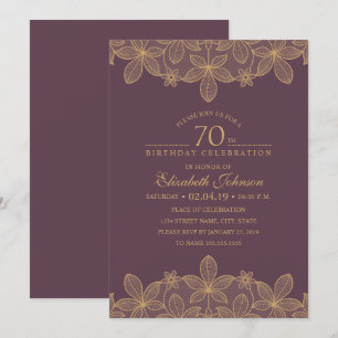 Invitación Plum Purple 70th Birthday Party Unique Golden Lace
