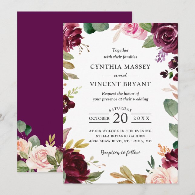 Invitación Plum Purple Burgundy Rubor Boda Floral (Anverso / Reverso)