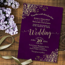 Plum Purple Elegant Lacy Gold Calligraphy Boda