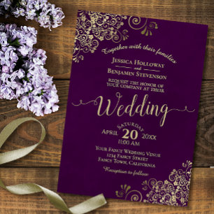 Invitación Plum Purple Elegant Lacy Gold Calligraphy Boda