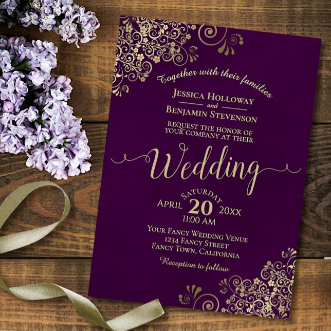 Invitación Plum Purple Elegant Lacy Gold Calligraphy Boda (Subido por el creador)