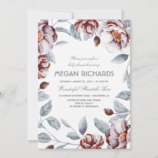 Invitación Plum Purple Floral Watercolor Boho Baby Shower (Anverso)