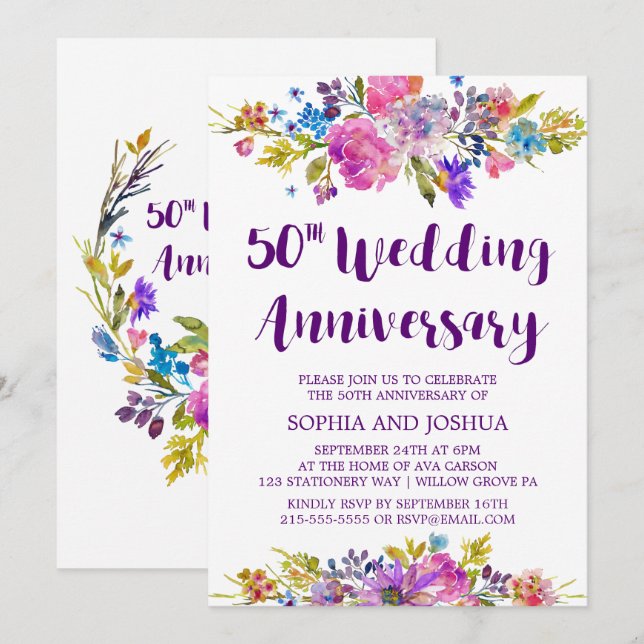 Invitación Plum Purple Garden Fiesta de 50 años Boda (Anverso / Reverso)