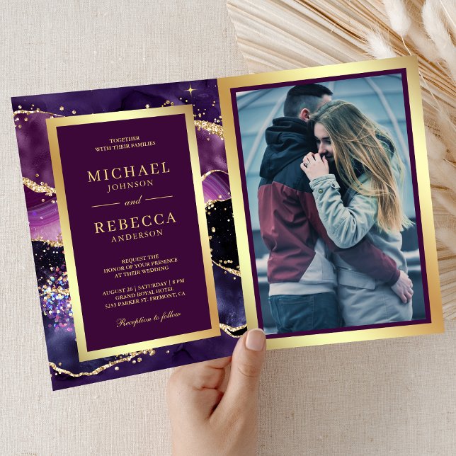 Invitación Plum Purple Gold Agate Marble QR Code Wedding (Subido por el creador)