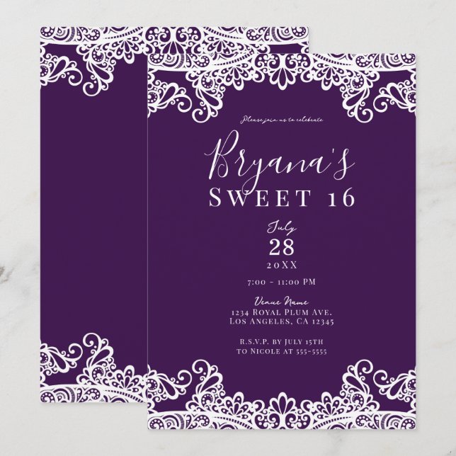 Invitación Plum Purple & Gold Lace Elegante Dulce 16 Fiesta (Anverso / Reverso)