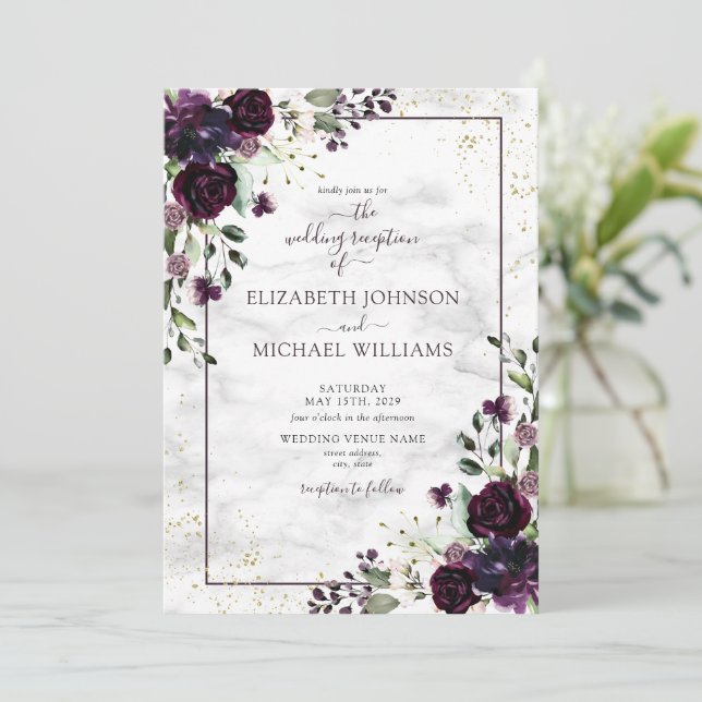 Invitación Plum Purple Gold Watercolor Marble Fall Reception (Anverso de pie)