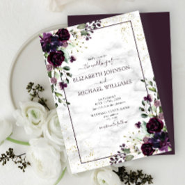 Invitación Plum Purple Gold Watercolor Mármol Caída Boda