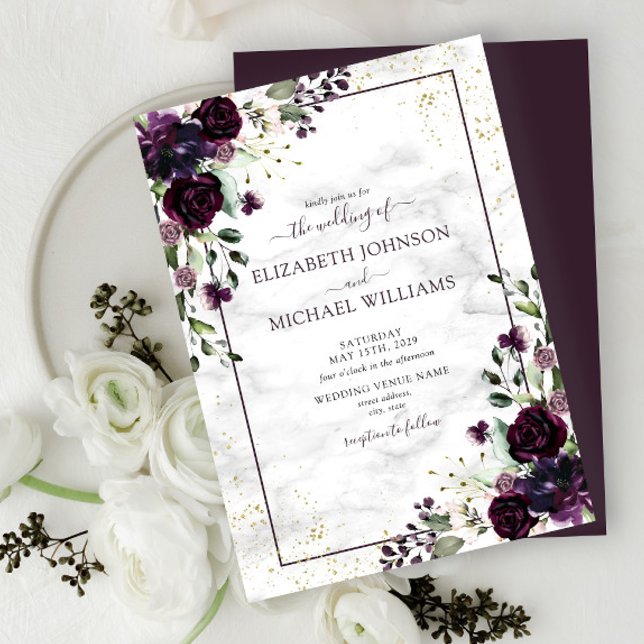 Invitación Plum Purple Gold Watercolor Mármol Caída Boda (Subido por el creador)