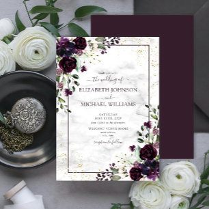 Invitación Plum Purple Gold Watercolor Mármol Caída Boda En