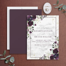 Invitación Plum Purple Gold Watercolor Mármol Caída Boda En
