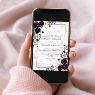 Invitación Plum Purple Gold Watercolor Mármol Caída Boda En