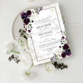 Invitación Plum Purple Gold Watercolor Mármol Caída Boda En