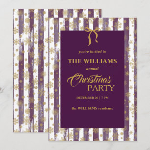 Invitación Plum Purple Painted Stripes, Gold Snowflakes.
