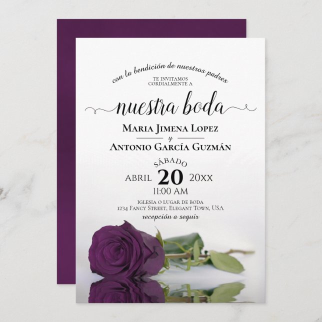 Invitación Plum Purple Rosa Español Nuestra Boda Boda (Anverso / Reverso)