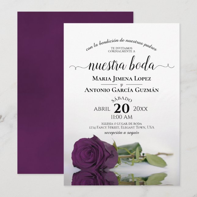 Invitación Plum Purple Rosa Español Nuestra Boda Boda (Anverso / Reverso)