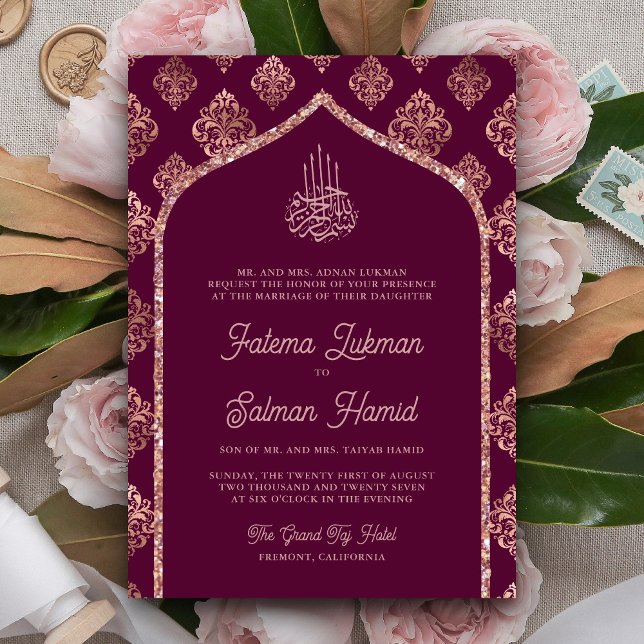 Invitación Plum Purple Rosa Oro Damask Arch Boda Musulmana (Subido por el creador)