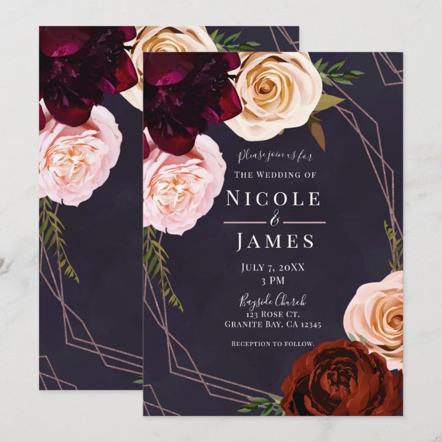 Invitación Plum Purple Rosa Oro Moderno Rústico Boda Floral (Anverso / Reverso)