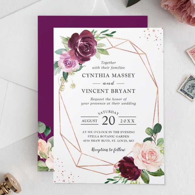 Invitación Plum Purple Rubor Floral Boda geométrico moderno (Subido por el creador)