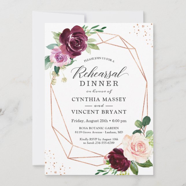 Invitación Plum Purple Rubor Floral Ensayo moderno Cena (Anverso)