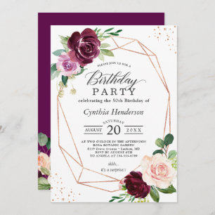 Invitación Plum Purple Rubor Floral Modern Birthday Party