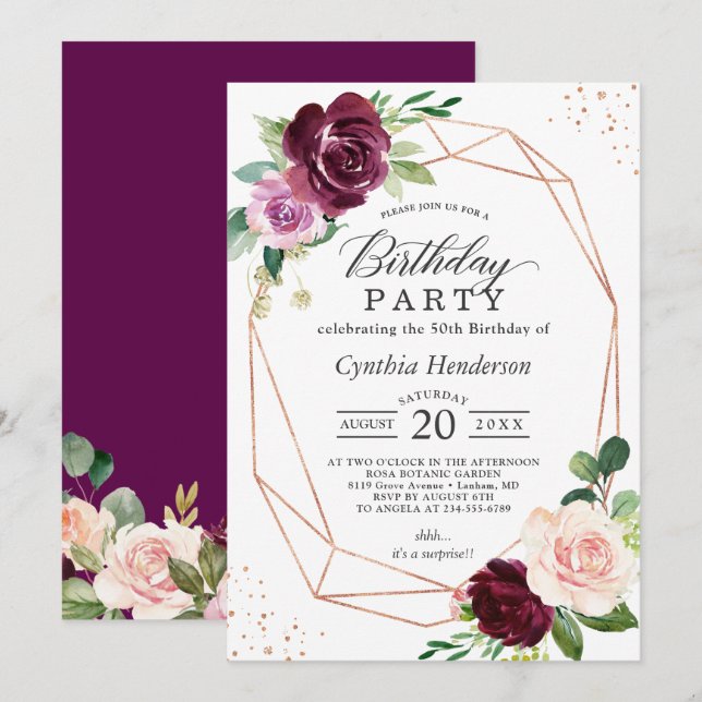 Invitación Plum Purple Rubor Floral Modern Birthday Party (Anverso / Reverso)