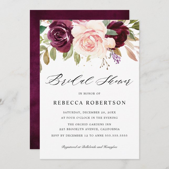 Invitación Plum Purple Rubor Pink Botanical Bridal Shower (Anverso / Reverso)