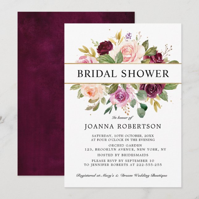 Invitación Plum Purple Rubor Pink Botanical Bridal Shower (Anverso / Reverso)