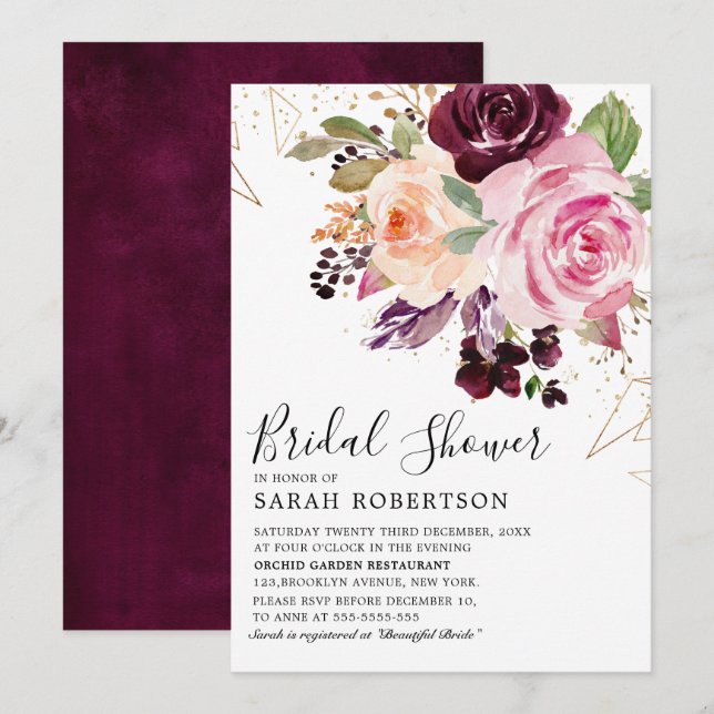 Invitación Plum Purple Rubor Pink Botanical Bridal Shower (Anverso / Reverso)