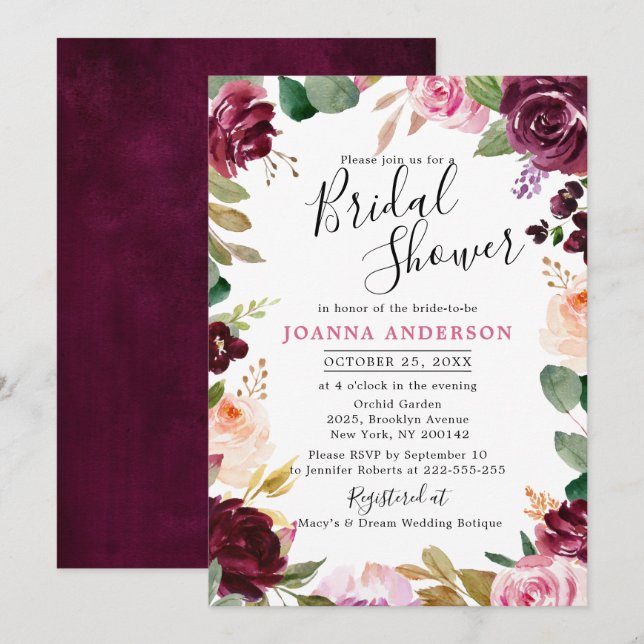 Invitación Plum Purple Rubor Pink Botanical Bridal Shower (Anverso / Reverso)