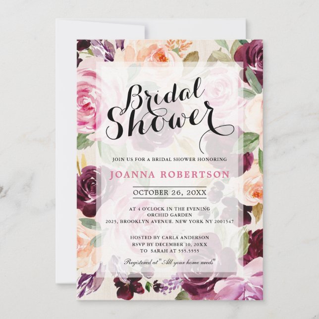 Invitación Plum Purple Rubor Pink Botanical Bridal Shower (Anverso)