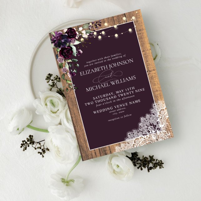 Invitación Plum Purple Rusood Lace Script Boda Invita (Subido por el creador)
