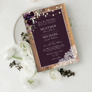 Invitación Plum Purple Rusood Lace Script Boda Invita