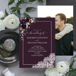 Invitación Plum Purple Rustic Script Lace Photo Boda