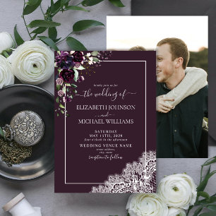 Invitación Plum Purple Rustic Script Lace Photo Boda