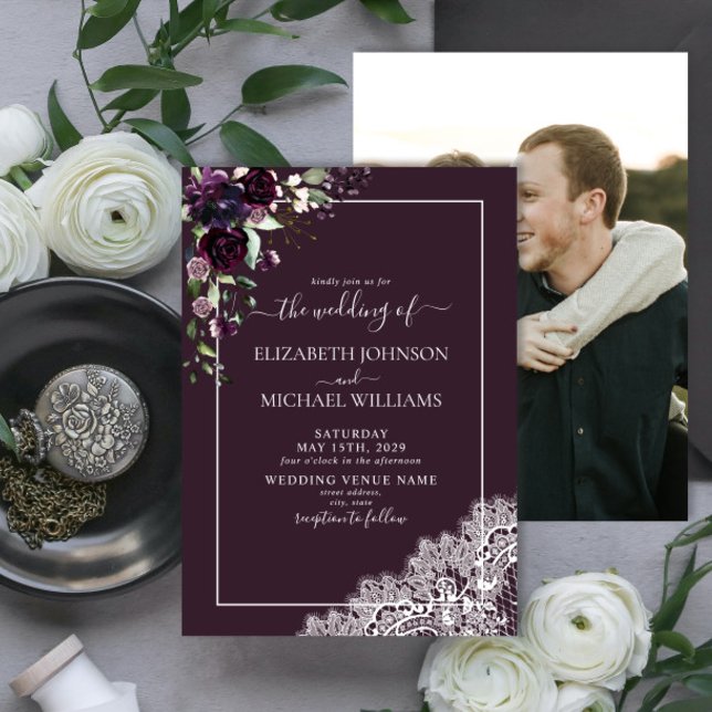 Invitación Plum Purple Rustic Script Lace Photo Boda (Subido por el creador)