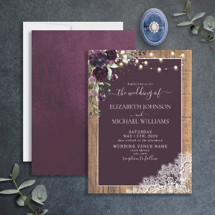Invitación Plum Purple Rustic Wood Lace Script Wedding